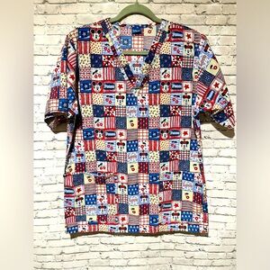 Disney Mickey and Minnie Mouse Red White and Blue Scrub Top Size Medium (M)